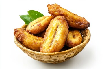 food photography,Indonesian food called pisang goreng includes a type of fried food made from bananas and flour, isolated on white background