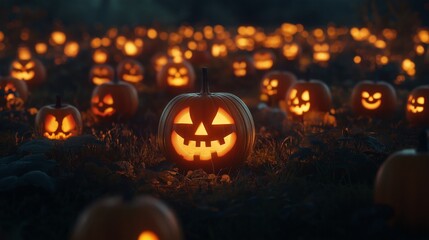 Fototapeta premium A vibrant pumpkin patch is illuminated at dusk by carved jack-o'-lanterns, creating a festive and spooky atmosphere.