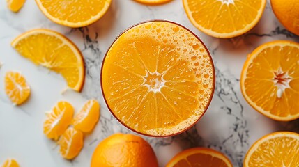 A vibrant display of oranges and orange slices arranged around a glass of orange juice.