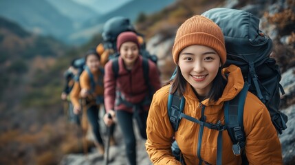A group of adventurous Chinese students climbs a mountainside, enjoying the outdoors and carrying backpacks.