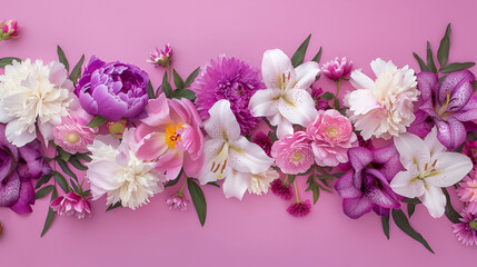 Purple peonies and white flowers bordered by bright, vibrant flowers