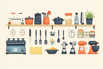 Kitchen Utensils and Appliances on a Shelf