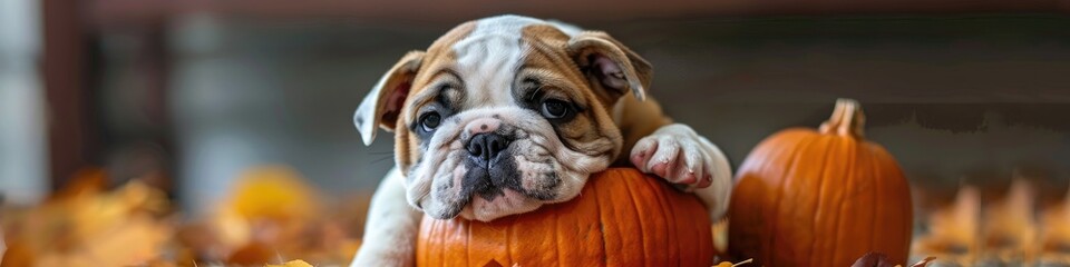 Fototapeta premium Charming Bulldog Puppy Resting in a Pumpkin