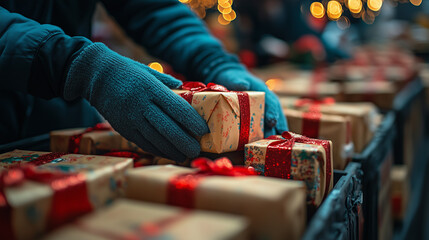Volunteers organizing a holiday gift drive, collecting and wrapping presents for children in need.