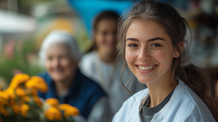 Obraz premium A team of volunteers helping to care for elderly residents in a nursing home, providing companionship and support.
