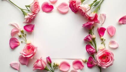 A white background with pink flowers and pink petals. The flowers are arranged in a way that they form a heart shape