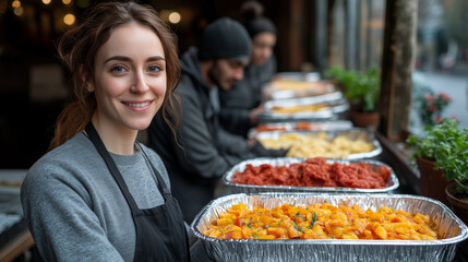 Fototapeta premium Volunteers running a community kitchen, preparing and distributing meals to those who are struggling.