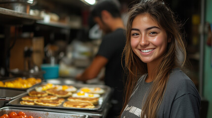 Volunteers organizing a free community breakfast, serving coffee, pancakes, and eggs to anyone who attends.