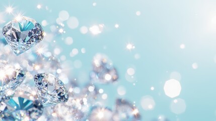 Close-up of sparkling diamonds against a soft blue bokeh background, emphasizing brilliance and luxury.