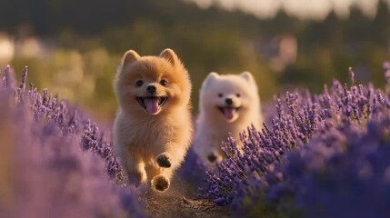 Two Pomeranian dogs joyfully running through a lavender field, capturing the essence of freedom and playful energy during a summer sunset.