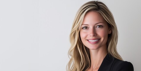 Fototapeta premium A confident blonde woman smiles warmly while posing for a formal corporate headshot in an elegant setting. copy space.