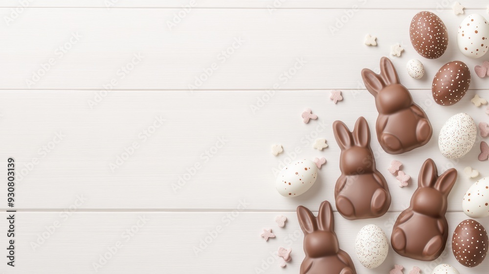 Wall mural Assorted chocolate Easter bunnies in pastel colors with decorated eggs on a soft pink background. Sweet and festive holiday theme.