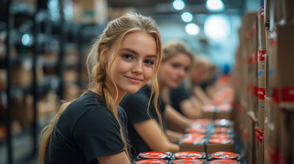 Volunteers sorting donations at a food bank, categorizing items and preparing packages for distribution.