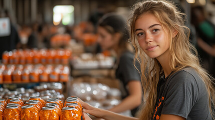 Volunteers sorting donations at a food bank, categorizing items and preparing packages for distribution.