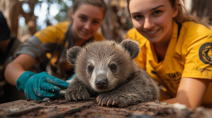 Volunteers helping to rehabilitate injured wildlife, carefully tending to animals in need of medical attention.