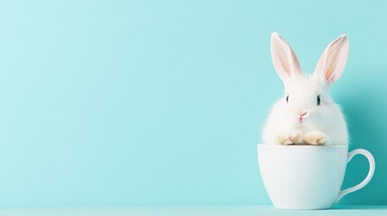 Obraz premium Adorable white bunny sitting inside a white cup against a soft turquoise background. Minimalistic and cute holiday scene.