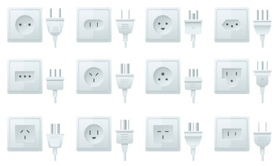 Fototapeta premium Socket and plug types. Different electrical connectors and power holes. Electricity 3D equipment. European and American standards. Cable adaptors. Electric circuit port shapes vector set