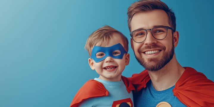 Father and son dressed as superheroes smiling against a blue background, capturing a playful bonding moment in costumes.