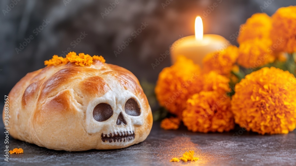 Wall mural A skull shaped bread with orange flowers on top of it