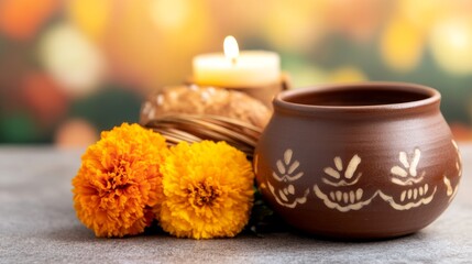 A vase with a candle and orange flowers on a table