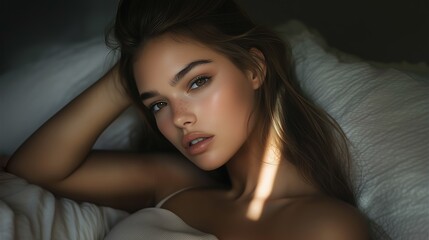 Naklejka premium A young woman relaxes on soft bedding, illuminated by gentle natural light, showcasing her serene expression and fresh complexion.