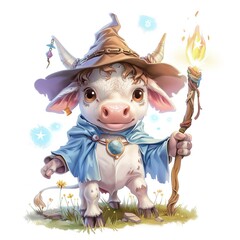 Fototapeta premium Cow Enchanter Occupation fantasy animal cartoon isolated whitebackground