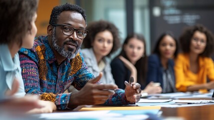 Fototapeta premium A confident education administrator leading a team meeting, engaged in discussion with colleagues around a conference table