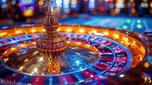 A roulette table in a casino, with the wheel spinning and players in the background, highlighting the excitement of gambling