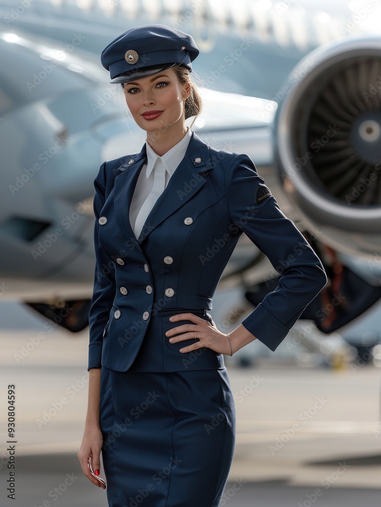 Poster a flight attendant stands proudly in uniform, showcasing her professionalism with an aircraft in the
