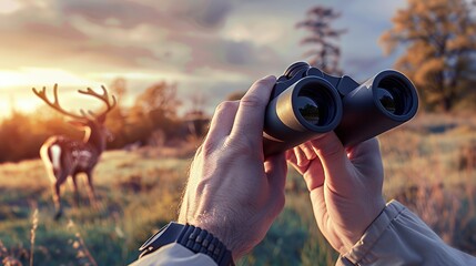 Fototapeta premium Hands holding binoculars to watch a wild deer with large antlers in a grassy field at sunset.