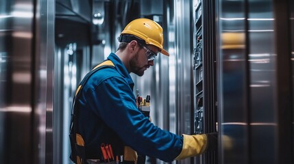 A skilled elevator mechanic performing routine maintenance on an elevator system in a modern building, surrounded by tools and equipment