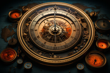 Obraz premium A collage of time-themed elements, including clock faces, hourglasses, and calendar pages, symbolizing the passage of time and the inevitability of change. Generative Ai.