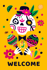 Mexican holiday. Death party poster. Day of dead. Mexico traditional festival. Muertos carnival. Sugar skulls. Fruits and flowers. Hispanic celebration. Vector cartoon greeting card