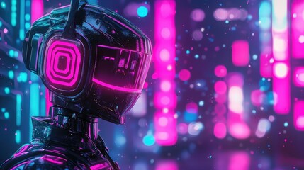 Cyberpunk Robot Head in Neon City Lights