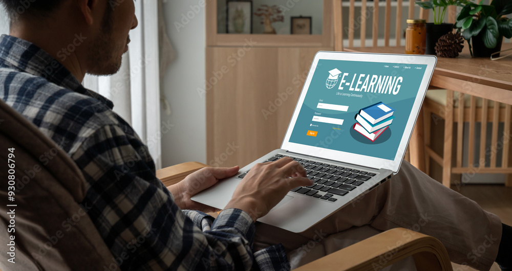 Poster e-learning website with modish sofware for student to study online on the internet network