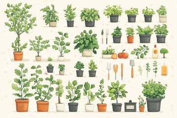 Fototapeta premium Collection of Watercolor Green Plants in Pots