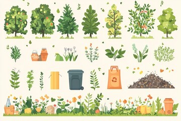 Fototapeta premium Gardening and Recycling Collection Illustration of Plants, Flowers, Trees, and Composting for