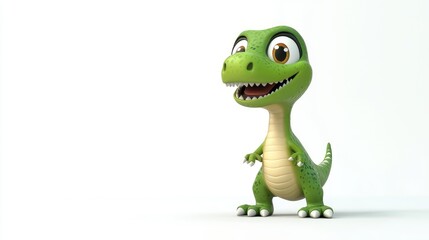 Fototapeta premium A playful cartoon dinosaur with big eyes and a joyful expression, standing on a white background, 3D AI style