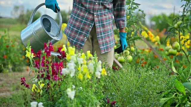 Close-up of watering can in hands watering flowers and herbs in summer garden