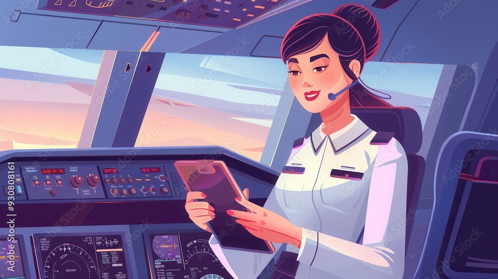 Poster the flight attendant reviews vital information in the cockpit as sunset colors fill the sky, ensurin