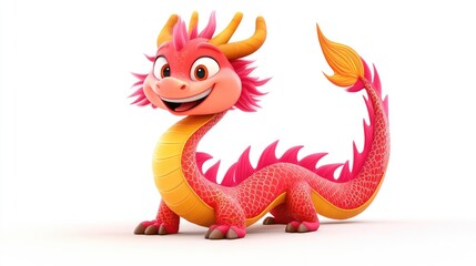 Adorable cartoon Chinese dragon with a cheerful face and vibrant scales, spiraling on a white background, cartoon animation style