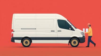 Delivery van, driver scanning package, flat design illustration