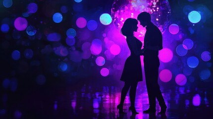 Couple Silhouettes Under Disco Ball with Purple and Blue Lights