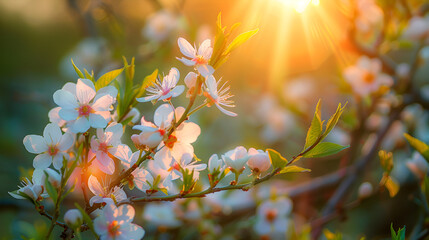 Almond tree in bloom surrounded by green foliage and brilliant sunlight