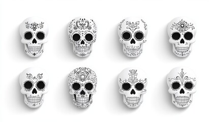 A set of six skulls with designs on them