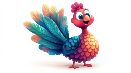 Obraz premium Adorable cartoon turkey with a colorful tail and cheerful face, sitting on a white background, cartoon animation style