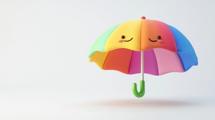 Obraz premium Adorable cartoon umbrella with bright colors and a cheerful expression on a white background, generative AI 3D style