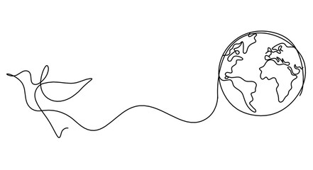 Abstract bird with planet Earth as line drawing on white background