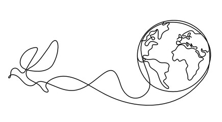 Abstract bird with planet Earth as line drawing on white background