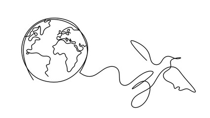 Abstract bird with planet Earth as line drawing on white background